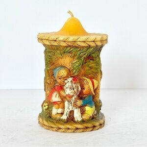 Vintage 1978 Alpine Originals Hand Carved & Painted Pillar Candle Children & Dog
